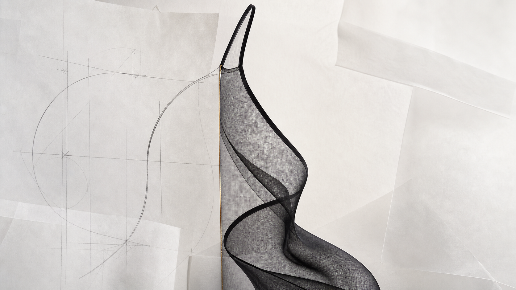 Graphite lines and silk form merging in a Seen Studios material study
