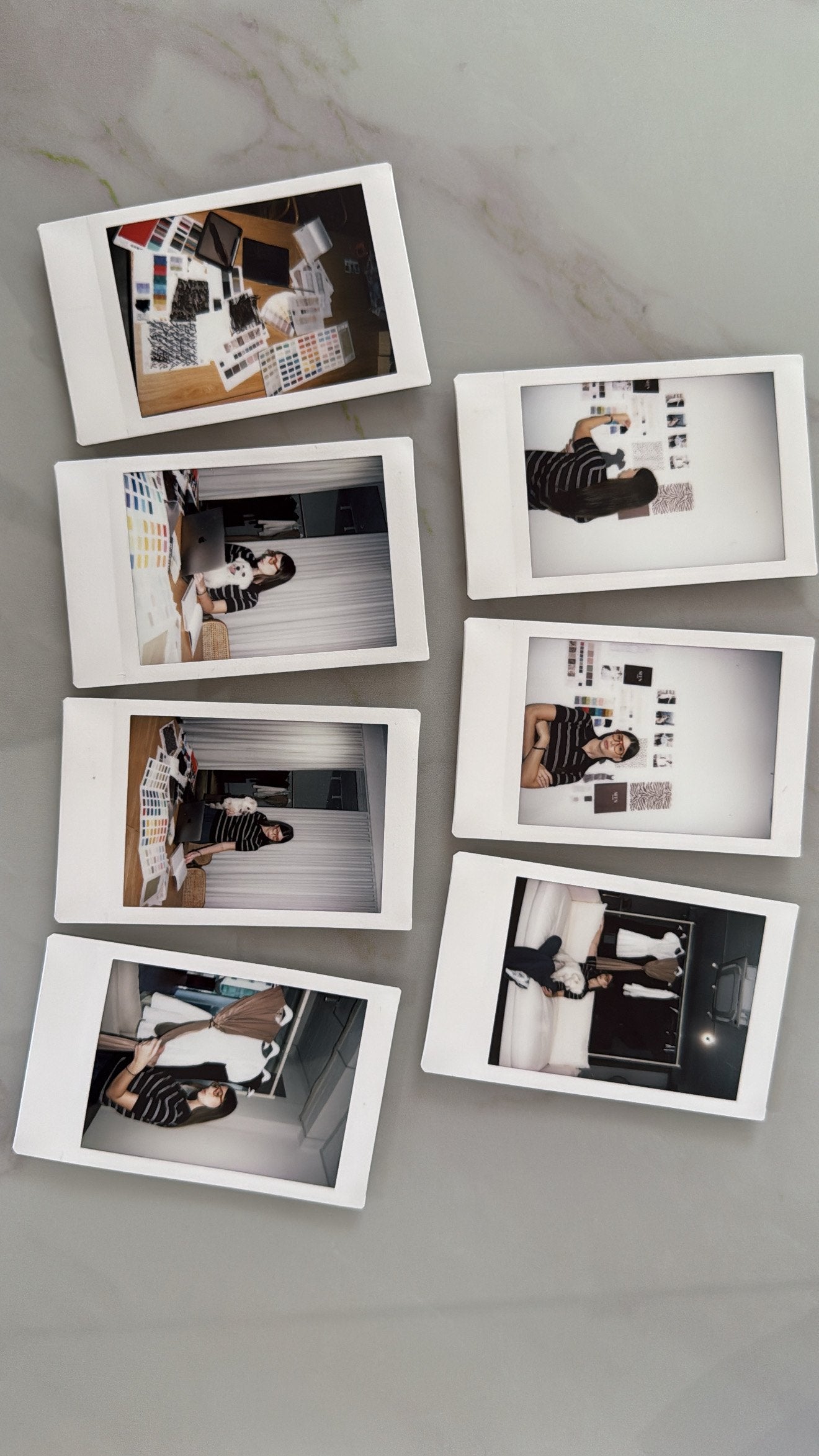 Six Polaroids documenting the first Seen Studios collection process, arranged on marble