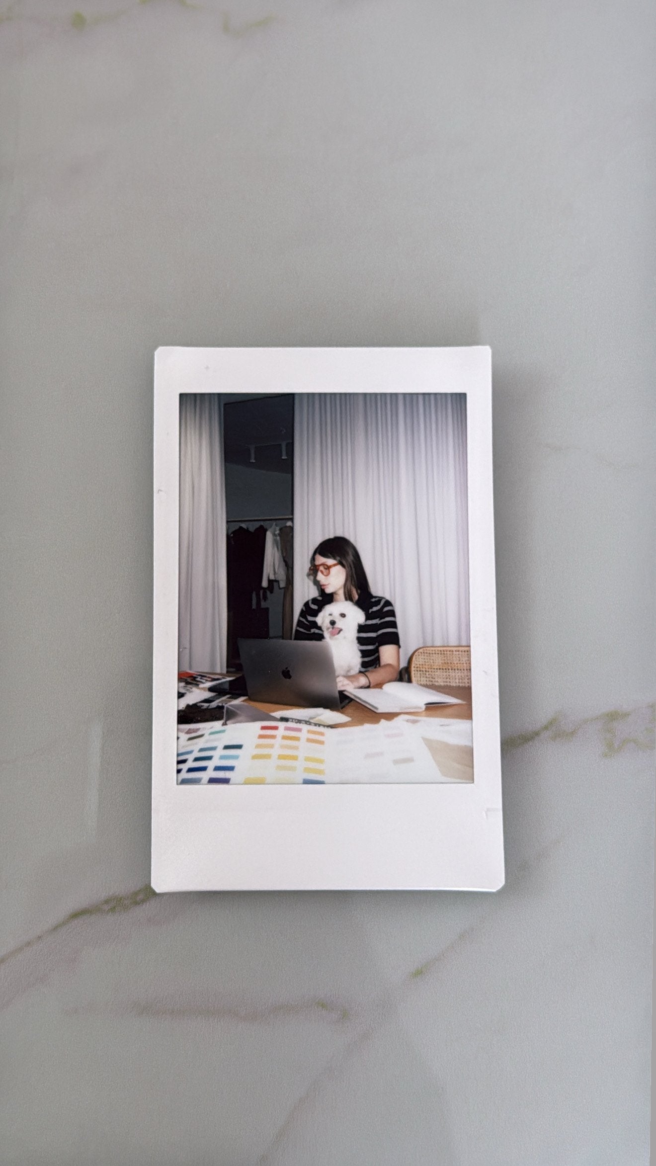 Nini working at a laptop with her dog beside colour and material studies, photographed as a Polaroid